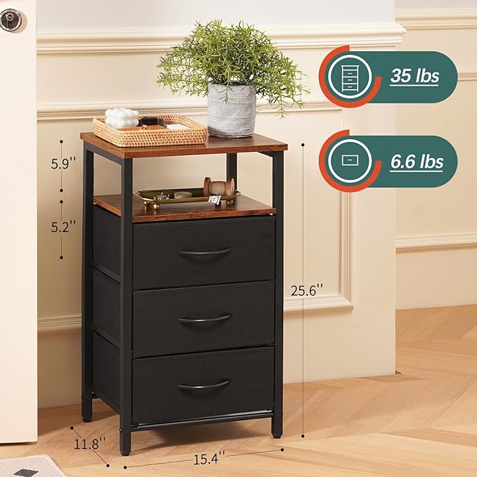 Yoobure Night Stand with Charging Station, 16 Colors LED Nightstand with USB Ports and Outlets, End Table with 3 Fabric Drawers and Storage Shelf, Bedside Tables Small Dresser for Small Space - LeafyLoom