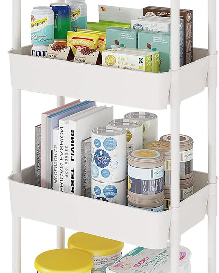 4-Tier Storage Cart,Multifunction Utility Rolling Cart Kitchen Storage Organizer,Mobile Shelving Unit Cart with Lockable Wheels for Bathroom,Laundry,Living Room,With Classified Stickers,White - LeafyLoom