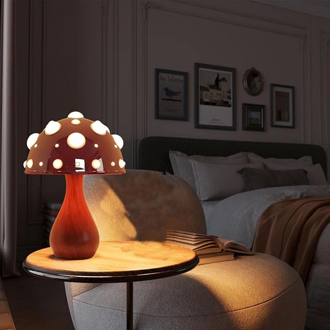Table Lamp Push-Button Control 3 Colors Dimmable Mushroom Light LED Bedside Lamp Bedroom Decoration for Gifts(Wood), AK3L121 - LeafyLoom