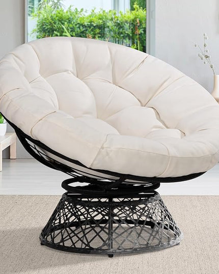 Bme 40" Ergonomic Wicker Papasan Chair with Soft Thick Density Fabric Cushion, High Capacity Steel Frame, 360 Degree Swivel for Living, Bedroom, Reading Room, Lounge - LeafyLoom