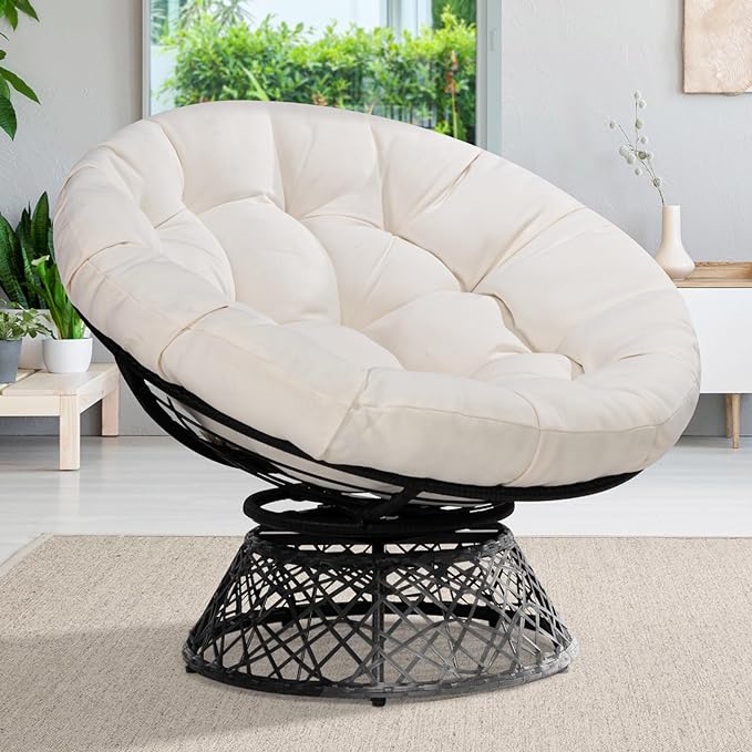 Bme 40" Ergonomic Wicker Papasan Chair with Soft Thick Density Fabric Cushion, High Capacity Steel Frame, 360 Degree Swivel for Living, Bedroom, Reading Room, Lounge - LeafyLoom