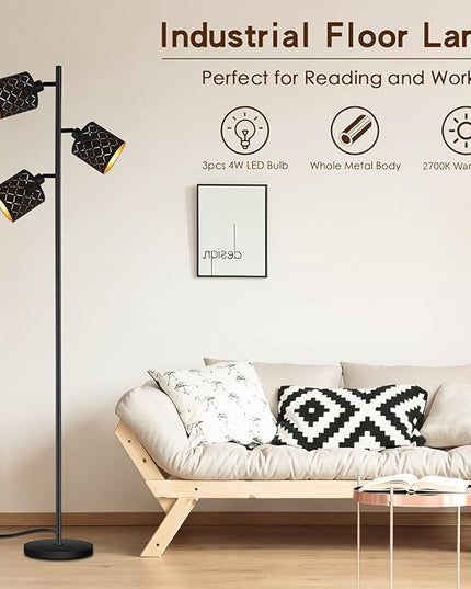 Industrial Floor Lamps for Living Room, Tree Standing Lamp for Bedroom with Adjustable 3-Light, 4W E12 LED Bulb, Modern Stand Up Lamps, Metal Tall Rustic Pole Lamp, Vintage Farmhouse Floor Lamp, Black - LeafyLoom
