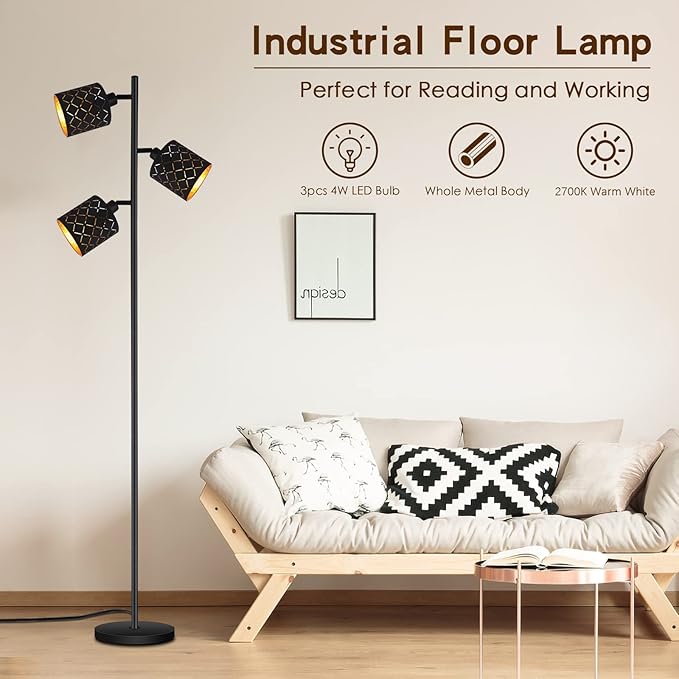 Industrial Floor Lamps for Living Room, Tree Standing Lamp for Bedroom with Adjustable 3-Light, 4W E12 LED Bulb, Modern Stand Up Lamps, Metal Tall Rustic Pole Lamp, Vintage Farmhouse Floor Lamp, Black - LeafyLoom
