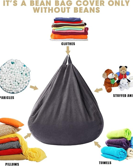 2 Pcs Bean Bag Cover Stuffed Animal Storage Bean Bag Chair Cover Soft Corduroy Stuffed Animal Bean Bag Storage for Kids Adults Indoor Bedroom Organizing Plush Toys(Dark Grey, 150L) - LeafyLoom