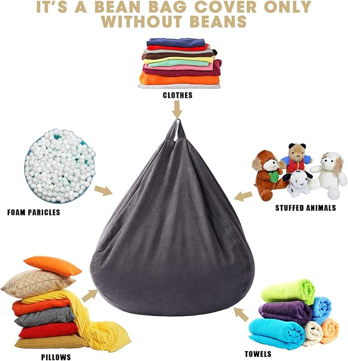 2 Pcs Bean Bag Cover Stuffed Animal Storage Bean Bag Chair Cover Soft Corduroy Stuffed Animal Bean Bag Storage for Kids Adults Indoor Bedroom Organizing Plush Toys(Dark Grey, 200L) - LeafyLoom
