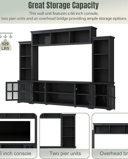 Entertainment Wall Unit with Bridge, Stand Media Console Table for TVs Up to 70" with Tempered Glass Door, Ample Storage Space for Living Room, 104 Inch, Black - LeafyLoom