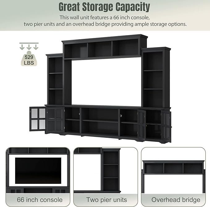 Entertainment Wall Unit with Bridge, Stand Media Console Table for TVs Up to 70" with Tempered Glass Door, Ample Storage Space for Living Room, 104 Inch, Black - LeafyLoom