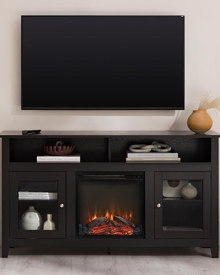 Walker Edison Glenwood Rustic Farmhouse Glass Door Highboy Fireplace TV Stand for TVs up to 65 Inches, 58 Inch, Black - LeafyLoom