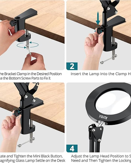 8X Lighted Magnifying Glass Lamp, Adjustable Magnifying Glass with Light Clamp Swivel Arm LED 3 Color Modes,10 Brightness Levels, Hands Free Magnifier for Hobby Close Work, Repair, Reading - LeafyLoom