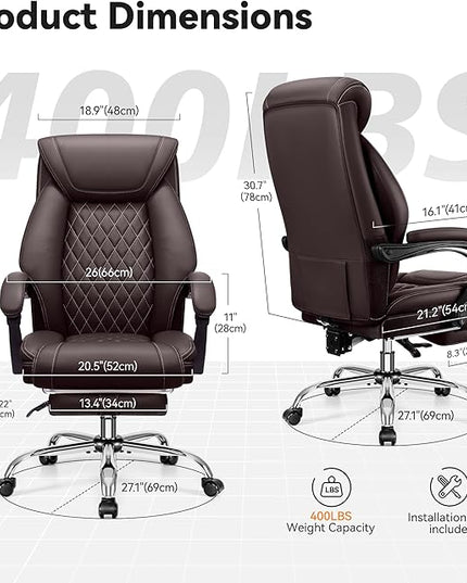 Office Chair, Executive Leather Chair Adjustable High Back, Ergonomic Computer Desk Chair Lumbar Support, Big and Tall Office Chair with Footrest, Comfy Reclining Chair for Home Office - LeafyLoom
