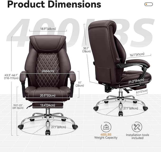 Office Chair, Executive Leather Chair Adjustable High Back, Ergonomic Computer Desk Chair Lumbar Support, Big and Tall Office Chair with Footrest, Comfy Reclining Chair for Home Office - LeafyLoom