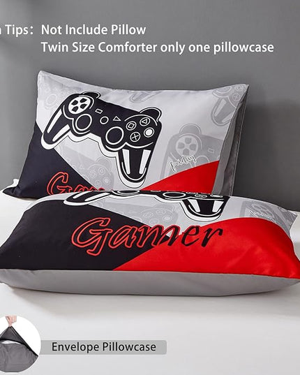 Gaming Comforter Sets for Kids Teen Boys,Video Games Controller Pattern Bedding Set for Room Decor, Full Size 3-Piece Reddish Black Gamer Comforter with 2 Pillowcases,All Season(Red,Full) - LeafyLoom