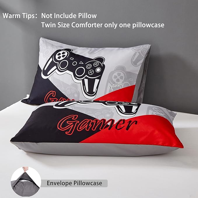 Gaming Comforter Sets for Kids Teen Boys,Video Games Controller Pattern Bedding Set for Room Decor, Full Size 3-Piece Reddish Black Gamer Comforter with 2 Pillowcases,All Season(Red,Full) - LeafyLoom