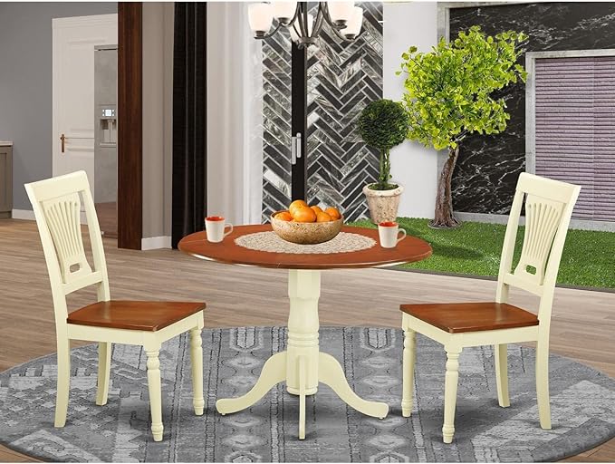 East West Furniture DLPL3-BMK-W Dublin 3 Piece Kitchen Set for Small Spaces Contains a Round Table with Dropleaf and 2 Dining Room Chairs, 42x42 Inch - LeafyLoom