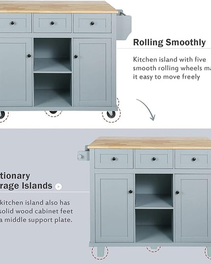 Kitchen Cart with Rubber Wood Drop-Leaf Countertop, Kitchen Island On 5 Wheels with Storage Cabinet, 3 Drawers and Internal Storage Racks, Rolling Mobile Portable Serving Carts (Blue) - LeafyLoom
