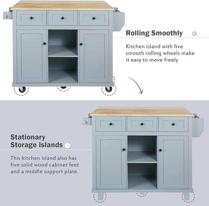 Kitchen Cart with Rubber Wood Drop-Leaf Countertop, Kitchen Island On 5 Wheels with Storage Cabinet, 3 Drawers and Internal Storage Racks, Rolling Mobile Portable Serving Carts (Blue) - LeafyLoom