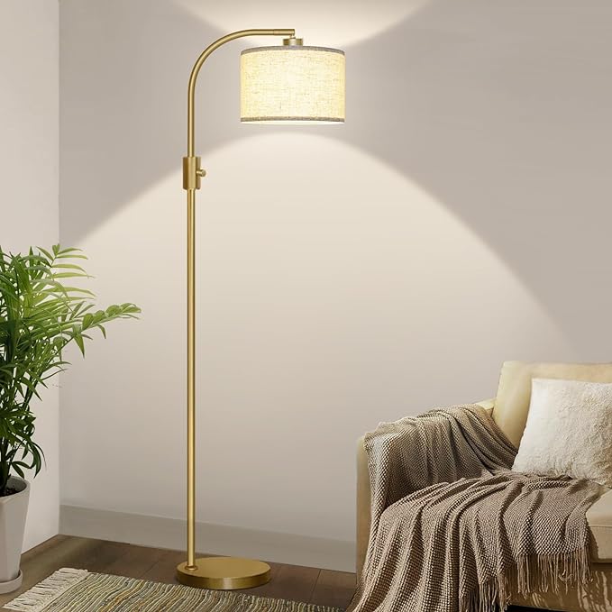 【Upgraded】 Dimmable Floor Lamp, 1200 Lumens LED Bulb Included, Gold Arc Floor Lamps for Living Room Modern Standing Lamp with Linen Shade, Tall Lamp for Living Room Bedroom Office Reading Room Nursery - LeafyLoom