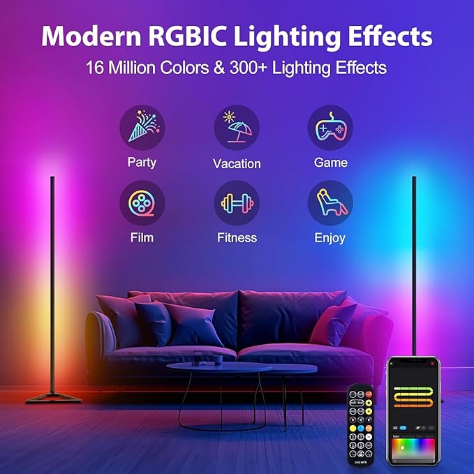 MIHEAL RGB Corner Floor Lamp, 56" Color Changing LED Corner Lamp with APP Control, Modern Standing Lamp with Music Sync and 16 Million DIY Colors, Heavy Base for Bedroom Living Room Gaming Room - LeafyLoom