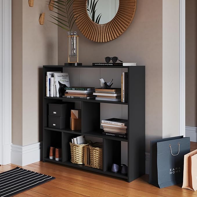 Art in Moveis Mid Century Modern Bookshelf, 6 Cube Storage Shelf - 3 Tier Retro Bookshelf CARB-Free Engineered Wood - Black - LeafyLoom
