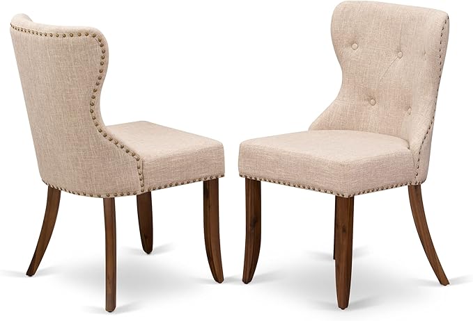 East West Furniture DMSI3-AWA-04 3 Piece Dinette Set for Small Spaces Contains a Round Dining Table with Dropleaf and 2 Light Tan Linen Fabric Upholstered Chairs, 42x42 Inch, Walnut - LeafyLoom