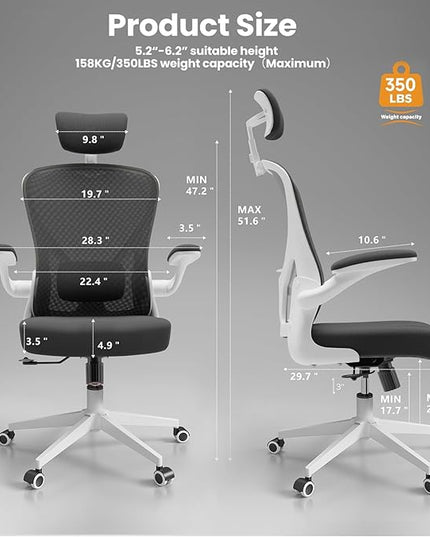 Ergonomic Office Chair - Comfy Desk Chairs with Wheels and Arms, 500LB Heavy Duty Mesh Computer Chairs with Comfortable Head Lumbar Back Support for Office, Bedroom, Study and College Dorm - LeafyLoom