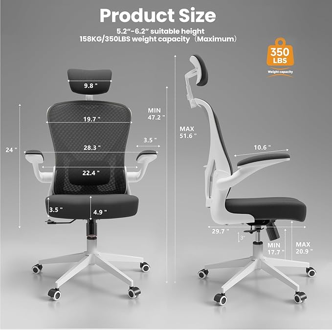Ergonomic Office Chair - Comfy Desk Chairs with Wheels and Arms, 500LB Heavy Duty Mesh Computer Chairs with Comfortable Head Lumbar Back Support for Office, Bedroom, Study and College Dorm - LeafyLoom