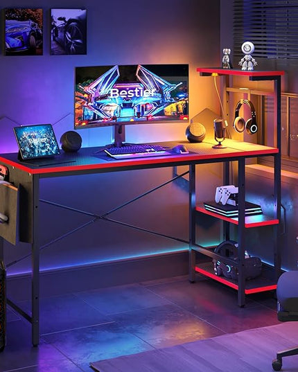 Bestier Gaming Desk with LED Lights, Computer Desk with 4 Tiers Reversible Shelves, 51.3 Inch gamer desk with Side Storage Bag, Hooks and Height Adjustable Shelf (Black Carbon Fiber) - LeafyLoom