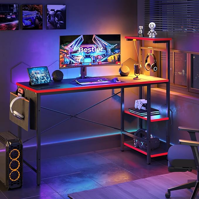Bestier Gaming Desk with LED Lights, Computer Desk with 4 Tiers Reversible Shelves, 51.3 Inch gamer desk with Side Storage Bag, Hooks and Height Adjustable Shelf (Black Carbon Fiber) - LeafyLoom