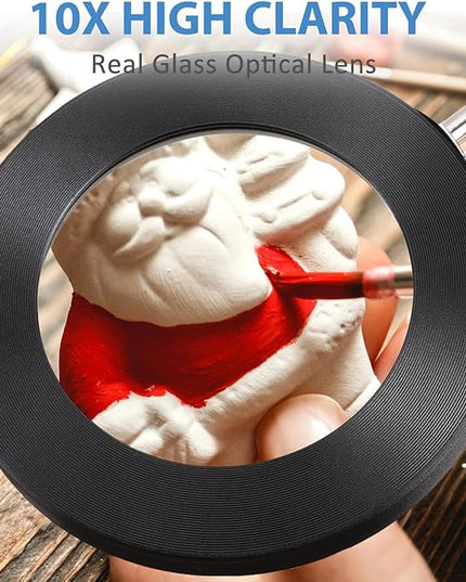 2-in-1 Magnifying Glass with Light and Stand, 10X Real Glass Lens 3 Color Modes Stepless Dimmable, Adjustable LED Lighted Magnifier Desk Lamp with Clamp for Repair, Reading, Crafts, Close Work - LeafyLoom