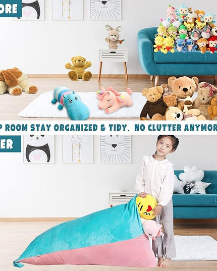 Stuffed Animal Storage Bean Bag Chair Cover, Velvet Pink Lake Blue Plush Toy Storage Stuff and Sit Seat for Kids/Teens/Adults, 52" x 31" Extra Large Triangle Floor Sofa, 200L/52Gal, Cover Only - LeafyLoom