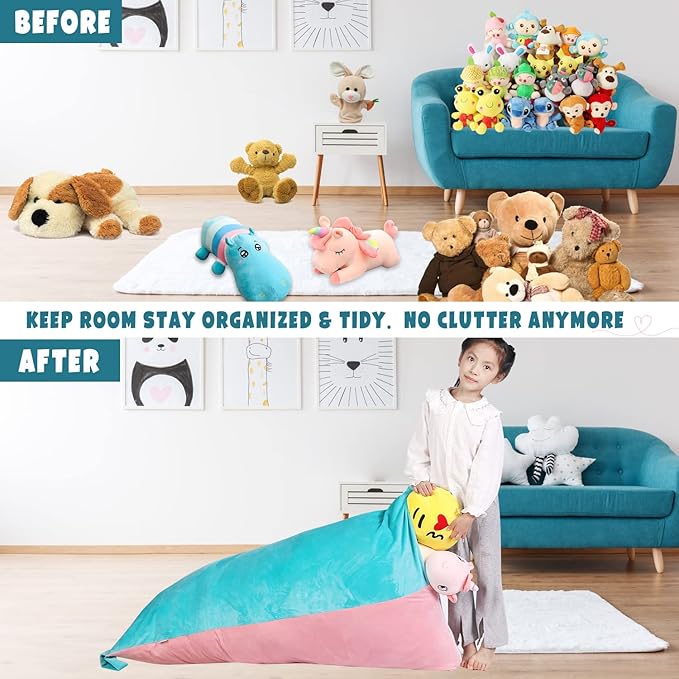 Stuffed Animal Storage Bean Bag Chair Cover, Velvet Pink Lake Blue Plush Toy Storage Stuff and Sit Seat for Kids/Teens/Adults, 52" x 31" Extra Large Triangle Floor Sofa, 200L/52Gal, Cover Only - LeafyLoom