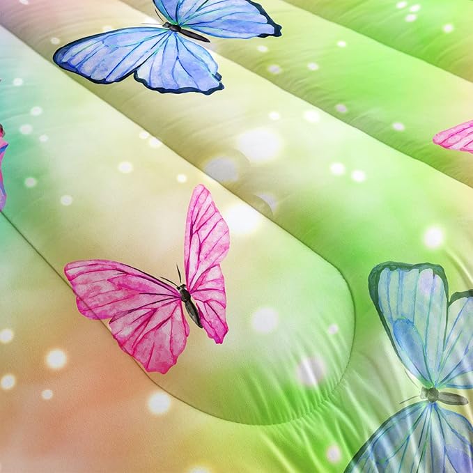 Datura home Bedding Comforter Set Rainbow Watercolor Butterfly Printed Pattern Quilt with 1 and 2 Pillowcases for Girls Bedroom All Season(Butterfly Queen) Queen 90x90inches - LeafyLoom