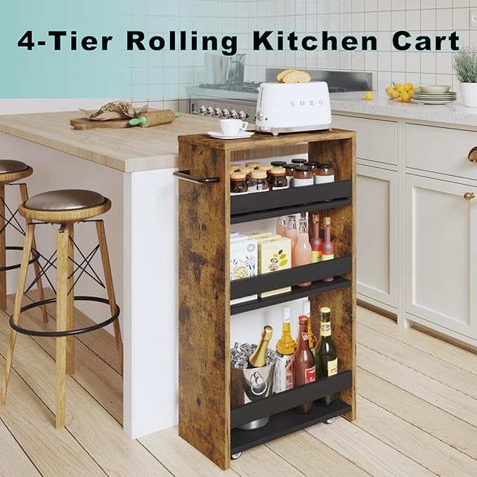 MARTY Rolling Cart 7.9" Width, 4-Tier Utility Carts with Wheels Handle, Slim Kitchen Storage Cart for Bathroom Laundry Room Organization Narrow Places (Rustic Brown) - LeafyLoom