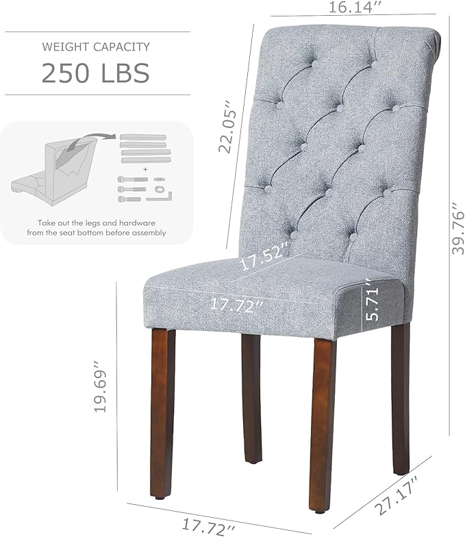 COLAMY Button Tufted Dining Chairs Set of 6, Parsons Upholstered Fabric Dining Room Chairs Kitchen Chairs with Wood Legs and Padded Seat, Blue Fishbone - LeafyLoom