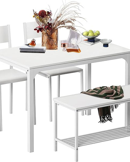 sogesfurniture 4 Piece Dining Table Set, Dinette Set Kitchen Table with Bench and Chairs, Kitchen Dinner Table with Benches for 4, includes Table, 2 Chairs & Bench,White - LeafyLoom