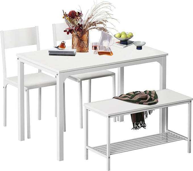 sogesfurniture 4 Piece Dining Table Set, Dinette Set Kitchen Table with Bench and Chairs, Kitchen Dinner Table with Benches for 4, includes Table, 2 Chairs & Bench,White - LeafyLoom