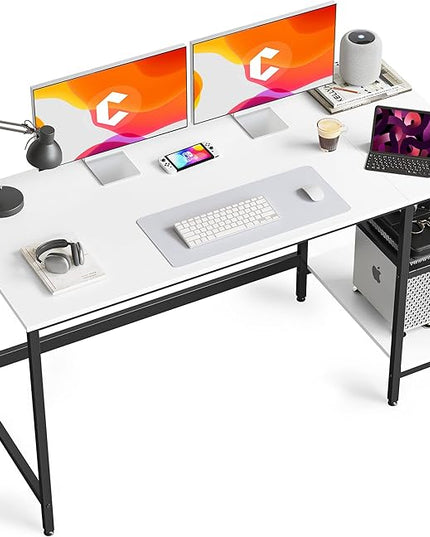 CubiCubi Computer Home Office Desk, 63 Inch Desk Study Writing Table with Storage Shelves, Modern Simple PC Desk with Splice Board,White Finish - LeafyLoom