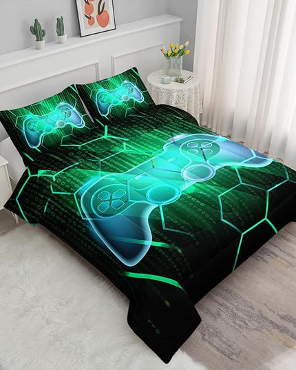 Axolotl Gamepad Comforter Set Queen Size,Number Video Gaming Gamer Bedding Set,Boys Game Console Comforter Set,Geometry Hexagonal Bedding Set for Teens Men Adults,1 Quilt 2 Pillowcases,Green Black - LeafyLoom