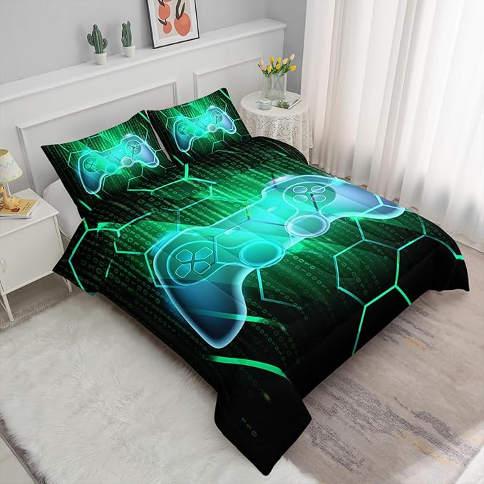 Axolotl Gamepad Comforter Set Queen Size,Number Video Gaming Gamer Bedding Set,Boys Game Console Comforter Set,Geometry Hexagonal Bedding Set for Teens Men Adults,1 Quilt 2 Pillowcases,Green Black - LeafyLoom