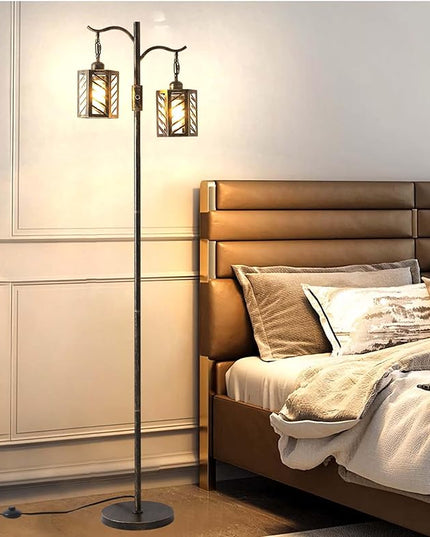Industrial Floor Lamp,Vintage Dimmable Floor Lamp,2 Classical Lanterns Standing Lamp, Rustic Farmhouse Floor Lamp with Bronze Gold Finish, for Living Room Bedroom (Bronze) - LeafyLoom