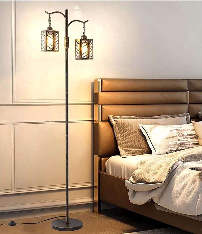 Industrial Floor Lamp,Vintage Dimmable Floor Lamp,2 Classical Lanterns Standing Lamp, Rustic Farmhouse Floor Lamp with Bronze Gold Finish, for Living Room Bedroom (Bronze) - LeafyLoom