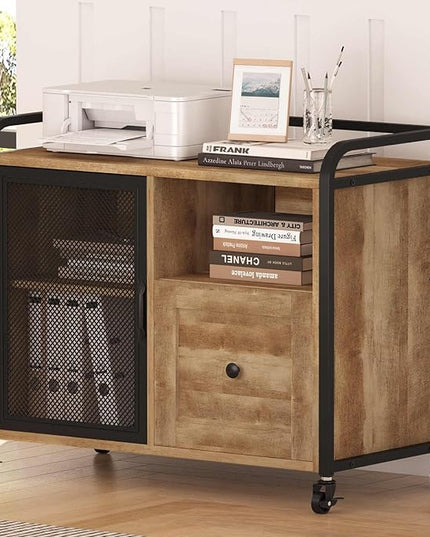 BON AUGURE Filing Cabinet for Home Office, Lateral File Cabinet with Drawer for Letter/ A4 Size, Mobile Printer Stand with Open Storage (Vintage Oak) - LeafyLoom