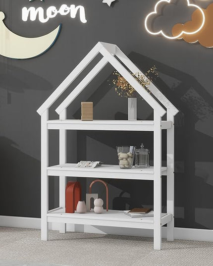 Twin Size Wood House Bed,Wood Platform Bed with Storage Shelves and Hanger,Floor Twin Size Montessori Bed Frame, Kids Boys Girls Bedroom,Living Room,No Box Spring Required,White - LeafyLoom