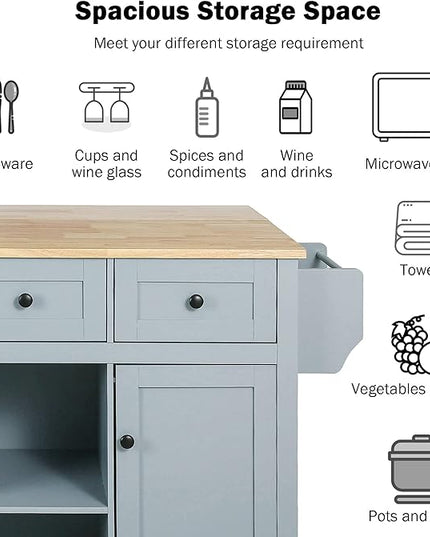 Kitchen Cart with Rubber Wood Drop-Leaf Countertop, Kitchen Island On 5 Wheels with Storage Cabinet, 3 Drawers and Internal Storage Racks, Rolling Mobile Portable Serving Carts (Blue) - LeafyLoom