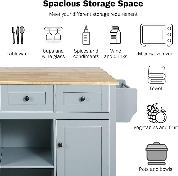 Kitchen Cart with Rubber Wood Drop-Leaf Countertop, Kitchen Island On 5 Wheels with Storage Cabinet, 3 Drawers and Internal Storage Racks, Rolling Mobile Portable Serving Carts (Blue) - LeafyLoom
