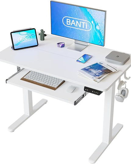 BANTI 40" x 24" Height Adjustable Electric Standing Desk with Keyboard Tray, Sit Stand up Desk with Splice Board, White Frame/White Top - LeafyLoom