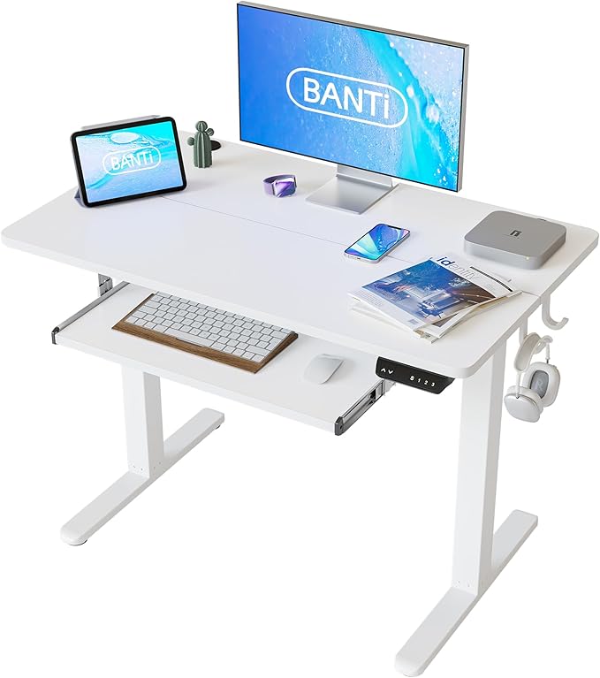 BANTI 40" x 24" Height Adjustable Electric Standing Desk with Keyboard Tray, Sit Stand up Desk with Splice Board, White Frame/White Top - LeafyLoom