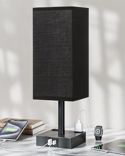 Touch Bedside Table Lamp For Nightstand - 3-Way Dimmable Night Lamp with USB A + Type C Charging Ports and two AC Outlets, Small Desk Light with E26 LED Bulb for Bedroom Living Room Dorm Office,BLACK - LeafyLoom