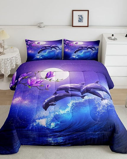 Galaxy Dolphin Bedding Set King Coastal Ocean Waves Comforter Set Night Star Moon Cherry Blossoms Comforter for Kids Girls Teens Sea Animal Starry Sky Quilt Duvet Purple Blue Marine Room Decor 3 Pcs - LeafyLoom