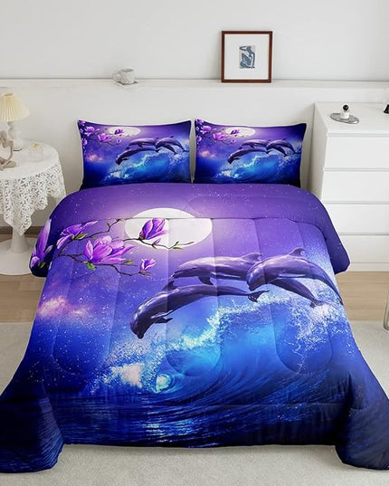 Erosebridal Galaxy Dolphin Comforter Set Full,Coastal Ocean Waves Comforter Sky Starry Moon Stars Cherry Blossoms Bedding Set for Girls Teen yough women Sea Animal Quilted Duvet Purple Blue 3 Pcs - LeafyLoom